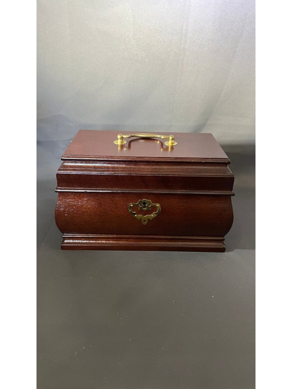 Vintage Wooden Jewelry Box With Red Velvet Interior & Key Closure